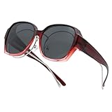Long Keeper Überzieh Sonnenbrille Damen Herren Polarisierte Quadratische Sonnenbrille Überbrille für Brillenträger Trendige Über Brille Sonnenbrillen (Verlauf Roter Rahmen - Dunkel Grau Linse)