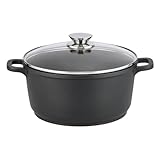 Elo 9156426 Kochtopf mit Glasdeckel, 24 cm Durchmesser, Gusseisen-Kochtopf, geeignet für alle Herdarten und im Backofen, Aluguss, Glas, Schwarz, 24 cm