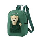Thelovetag Personalisierter Kinderrucksack mit Teddybär - Individueller Name Schultasche für Mädchen, Leichter Canvas-Rucksack mit verstellbaren Trägern - Geschenk für den Schulanfang, grün, M
