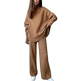OCCOKO Damen-Strick-Set, einfarbig, hoher Kragen, entspanntes und lässiges Zweiteiler-Set mit Langen Ärmeln und Hosen Strampelanzug Damen (A, XXXXXL)