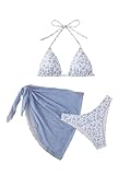 GORGLITTER Damen Bikini Set 3 Teiliger Bikini-Sets mit Blumenmuster Süß Neckholder Badeanzug mit Cover Up Rock Swimsuit Set Blau S