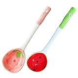 Hemoton Kleine Löffel aus Keramik, Obstlöffel für Dessert, Espressolöffel, 16,5 cm, Suppenlöffel, Teelöffel (Wassermelone + Erdbeere), asiatischer Suppenlöffel, 2 Stück