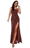 Monalia Damen Neckholder Abendkleid Rückenfrei Sparkly Pailletten Ballkleid mit Schlitz, Meerjungfrau, Burgunderrot, 50