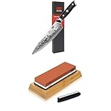 SHAN ZU Damascus Kochmesser 20 & Küchenmesser 1000/6000 Schleifstein 2-teiliges Set, scharfes japanisches Küchenmesser aus Kohlenstoffstahl, professioneller 2-in-1-Schleifstein aus weißem Korund