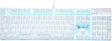 Qisan Mechanische Gaming-Tastatur, kabelgebunden, Blaue Tastatur mit Hintergrundbeleuchtung, braune Schalter, volle Größe, 104 Tasten, US-Layout, Weiß