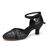 Uonpie Damen Latein Tanzschuhe Schwarz Geschlossene Zehe Pailletten Schuhe Niedriger Absatz Gesellschaftstanzschuhe mit 5cm Absatz, 37.5EU