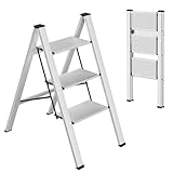 Klappleiter aus Aluminium Trittleiter 3-Stufen-Leiter rutschfeste Trittfläche tragbare Leiter für Zuhause leichte Leiter belastbar bis zu 150 kg verwendet in Küche Zuhause Büro (Silber)