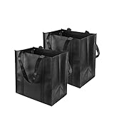 TSHAOUN 2 Stück Schwarze Einkaufstasche, 38 x 33.5 x 25.5cm Große Einkaufstasche mit Tragegriffen und Kleiner Haken, Faltbar, Wiederverwendbarer Einkaufskorb für Einkaufen Picknick Camping (2 Pack)