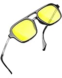 grinderPUNCH Quadratische Retro-Sonnenbrille für Damen und Herren, Vintage-Stil, 70er-Jahre-Stil, Doppelbrücken-Sonnenbrille (gelbe Gläser), Schwarz