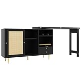 GTANND 360° Schwarzer Drehbarer Bartisch,Moderner Ausziehbarer Bartisch,Kommode Mit 2 Türen Und 1 Schublade,Bartisch Für Die Küche,Lagerschrank,Offenes Lagerregal,Sideboard