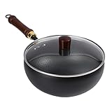 Wokpfanne – Eisen- mit Deckel | 24 cm Eisenbratwok | Traditioneller chinesischer | Chinesische Pfanne mit flachem Boden, ergonomische, unbeschichtete Eisenpfanne mit Antihaft-Beschichtung für