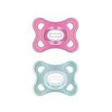 MAM Comfort Schnuller im 2er-Set, besonders kleiner und leichter Baby Schnuller für Neugeborene aus 100 % Silikon, mit weichem MAM SkinSoft Saugteil & Schnullerbox, 0-6 Monate, pink/mint