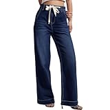 Baggy Jeans Damen, Wide Leg Jeanshose High Waist Straight Damen Jean Weites Bein Damenjeans Elastischer Bund Kordelzug Gerades Hose Loose Fit Hoch Taillierte Trendige Denim-Hose Denim Pants