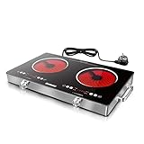 Karinear Keramikkochfeld 2 Platten Tragbar mit Griff, 650 °C Max, Glaskeramik Kochplatte 2er Freistehend, Herdplatte 2 Kochfelder mit Stecker, Timer, Kindersicherung, Restwärmeanzeige, 220-240V, 3200W