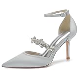 TFDRSEXVD Damen High Heels mit geschlossener Spitze, Sandalen mit Schnalle, Knöchelriemen, Strasssteinen, Kleid, Spitze Zehenpartie, Hochzeit, 8 cm Absatz,Silber,41