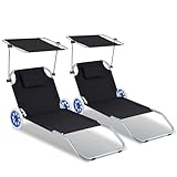 Ollewiellan 2er Strandliege mit Rollen Klappbar Liegestuhl Strand 5-Fach Verstellbarer,Sonnenliege Klappbar Leicht bis 100kg belastbar,Transportliege für Strand Pool Garten,Strandsitz Schwarz