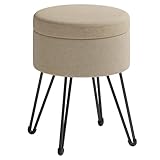 SONGMICS Sitzhocker, runder Hocker mit Stauraum, Aufbewahrungsbox mit Deckel, Schminkhocker, 39 x 44,1 cm (Ø x H), Metallbeine, gepolsterter Sitz, Wohnzimmer, Schlafzimmer, Kamelbraun LOM002K01