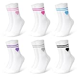 HAGOT 6 Paar Damen Herz Tennis Socken, Tennissocken Damen, Frottee Sohle Atmungsaktiv Baumwollsocken, Damen mit Streifen Herz Weiß Tennis Socken, Sport Socken, Geschenke für Frauen