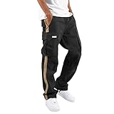 Cargohose für Herren, weites Bein, klassische Cargohose mit Farbblock, lässig, gerade Passform, Stretch-Sweathose, elastische Taille, Kordelzug mit Taschen, leichte, bequeme Wanderhose, Schwarz , 3XL