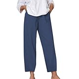 Damen-Sommerhose aus Baumwoll-Leinen, weites Bein, elegante Damenhose, Freizeithose, lockere Loungehose mit Taschen, dunkelblau, M