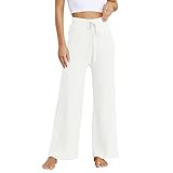 Lässige Rippstrick-Pulloverhose für Damen, elastische Taille, Kordelzug, locker, gerade, weites Bein, Palazzo, Lounge, Pyjama, Hose, einfarbig, bequem, volle Länge, Büro, Arbeit, Smart Hose, weiß, 46