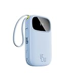 Baseus Powerbank 20000mAh 45W mit integriertem USB-C Kabel, QPow3 Power Bank PD3.0 QC4.0 Externe Handyakkus, 3 USB-C, 1 USB-A, Portables Ladegerät für iPhone 16/15/14 Pro Max, iPad, Galaxy, Blau