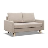 Mebligo - Sofa mit Schlaffunktion und Bettkasten Blank, 2 Sitzer Sofa 152 cm Breit, Schlafsofa, Ausziehbares Couch auf Holzfüßen, Sofa Wohnzimmer, Schlafcouch - Sofa Beige