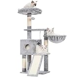 Hey-brother Kratzbaum, 108cm Indoor Katzenbaum, mehrstöckiger Katzenkratzbaum für Kätzchen, mit Kratzsäulen, Rampe, Körbchen, geräumigem Katzenloch und hängendem Pompon-Spielzeug, Hellgrau MPJ007SW