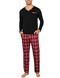 Demegimi Herren Schlafanzug Lang Pyjama Kariert Baumwolle V-Auschnitt Zweiteilige Pyjamas mit Langarm Shirt und Karierter Schlafanzughose,Schwarz,XL