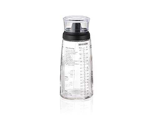 Leifheit Dressing Shaker, hochwertige Glasflasche mit verschiedenen Rezepten für Salatdressings, Messbecher mit tropffreien Ausguss, spülmaschinengeeigneter Dressingbehälter