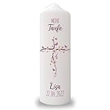 GRAVURZEILE Bedruckte Kerze - Taufkerze Blumenkreuz - brilliant bedruckte Kerze zur Taufe - Personalisiertes Taufgeschenk für Mädchen & Jungen - Hochwertige Stumpenkerze 250/80 mm Farbe Lila