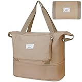 BALEINE Reisetasche für Damen, Weekender Handgepäcktasche, große Seesack, Turnbeutel, Übernachtungstasche mit Nassfach, Beige, Erweiterbar