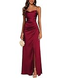 JAEDEN Satin Brautjungfernkleid Spaghettiträger Ballkleider Lang mit Schlitz Meerjungfrau Falte Abendkleider Wein Rot 36