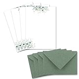 25 Briefpapier-Sets DIN A5 - Naturpapier in Creme mit Eukalyptus-Zweigen - mit Briefumschlägen DIN C6 in Eukalyptus-Grün Briefbogen bedruckbar ideal für Hochzeitseinladungen