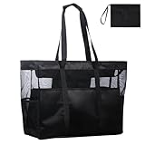 DEWUR Strandtasche XXL Familie Groß Badetasche Strandtasche mit Reißverschluss Strandtasche Faltbar Schultertasche Badetasche Familie Shopper Handtasche für Strand Urlaub Reisen (Schwarz)