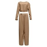OCCOKO Einfarbiges Glow-Nabelschnur-Set für Damen, lässiges Langarm-Hosen-Pullover-Set Strick Zweiteiler Damen (Khaki, XL)