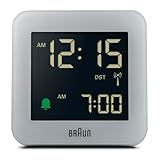 Braun Digitaler Funkwecker für die mitteleuropäische Zeitzone (DCF) mit Schlummerfunktion, LCD-Display, Schnelleinstellung und anschwellendem Alarm-Piepton in Grau, Modell BC09G-DCF.