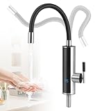 Wasserhahn mit Durchlauferhitzer Küche, 3000W Elektrischer Heizung Wasserhahn, Sofort Warm Küchenarmatur mit LCD Temperaturanzeige, 360º Drehbarer Silikonschlauchhahn, 304 Edelstahlgehäuse