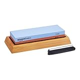 Amazon Basics Messerschärfstein, doppelseitig, Körnung 400/1000, mit rutschfester Bambusunterseite, 18 x 6.1 x 2.8 cm, Blau und Rot