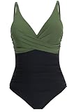 Laorchid einteiliger Badeanzug bademode v Ausschnitt Damen Badeanzug bauchweg Push up Bademode Swimsuit high Waist Schwimmanzug Dunkel Grün mit schwarz XL