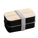RIVNN Bento-Box, japanischer Stil, 2 Etagen, Fächer für Kinder, Jungen, Mädchen und Damen, Herren, Erwachsene, Mahlzeitvorbereitung, Schwarz