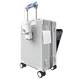 LANMOU Handgepäck Koffer, 20 Zoll Hartschalen-Koffer, Alu-Rahmen, PC Reisekoffer mit 4 Rollen, TSA, USB-Anschluss & Cup Holder, Trolley Handgepäck mit 3-Stelliges Codeschloss, 56cm, Weiß