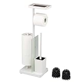 eluno Stand-WC-Garnitur 4in1, freistehende Toilettengarnitur inklusive WC-Bürste, 2 Ersatzbürstenköpfe, (Ersatz-) Rollenhalter für 3 Rollen, Ablage, satiniertes Glas und Metall (Weiß)