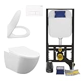 Creavit Hänge WC Set Weiß spülrandlos Rim-Off 48,5 cm Softclose Sitz Vorwand Spülkasten 3/6 L Unterputz Komplettset