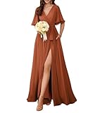 Damen Chiffon Brautjungfernkleider für Hochzeit mit Schlitz Ballkleider Falten Cocktailkleider Übergröße, burnt orange, 44