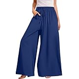 Damenhose, Übergröße, weites Bein, hohe Taille, fließend, lässig, Palazzo 2025, Sommer, Lounge, Boho, Strandhose, Taschen, blau, S