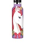 Trinkflasche für Kinder mit Strohhalm, Wasserflasche aus Edelstahl für Reisen oder Schule, 590 ml, BPA-frei, stilvolles Einhorn rote Mähne lila