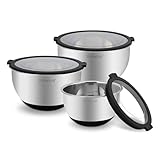 Rorence Edelstahl Rührschüssel Set mit transparenten Deckeln, Stapelbare Salatschüssel für die Küche, Schwarz - 3er-Set mit 1,5L, 3L, 5L