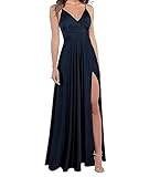 xxxiticat Damen V-Ausschnitt Spaghettiträger Lange Ballkleider Satin A-Linie Brautjungfernkleider formeller Satin Abschlussball Abendkleider mit Schlitz(BE9,XS)