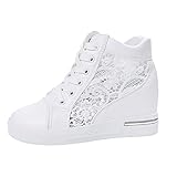 YANFJHV Plateau Sneaker Damen Weiß, Hochzeit Schuhe Plateauschuhe mit Keilabsatz Freizeitschuhe Flache Schuhe Spitze Aushöhlen Turnschuhe Damenschuhe Elegant Atmungsaktiv Hochzeitsschuhe